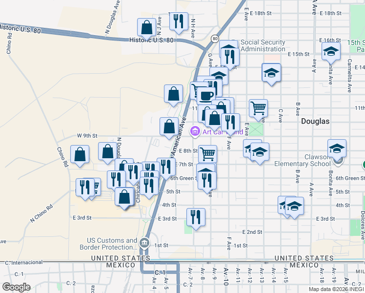 map of restaurants, bars, coffee shops, grocery stores, and more near 320 East 8th Street in Douglas