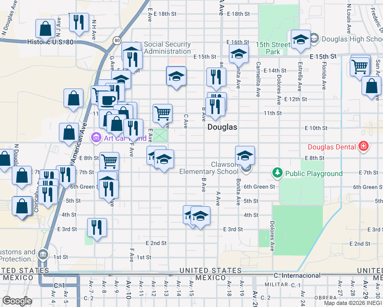 map of restaurants, bars, coffee shops, grocery stores, and more near 914 East 8th Street in Douglas