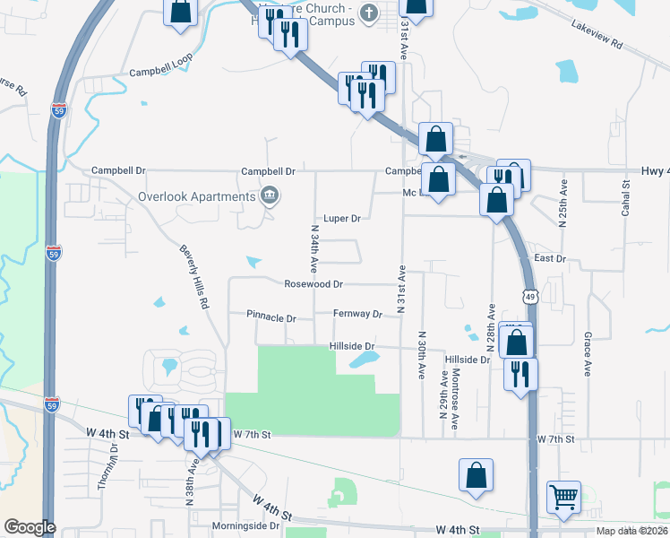 map of restaurants, bars, coffee shops, grocery stores, and more near 106 Northwest Circle in Hattiesburg