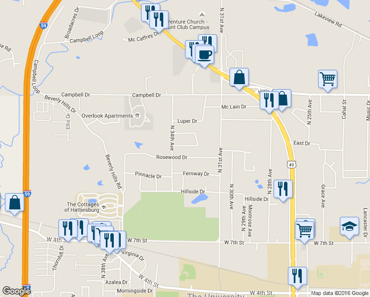 map of restaurants, bars, coffee shops, grocery stores, and more near 106 Northwest Circle in Hattiesburg