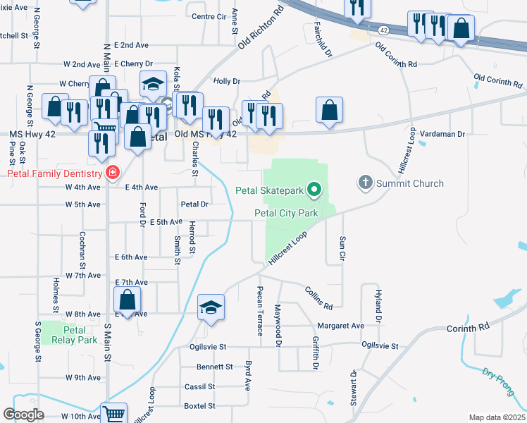 map of restaurants, bars, coffee shops, grocery stores, and more near 525 East 5th Avenue in Petal