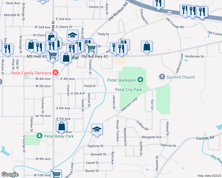 map of restaurants, bars, coffee shops, grocery stores, and more near 517 East 5th Avenue in Petal