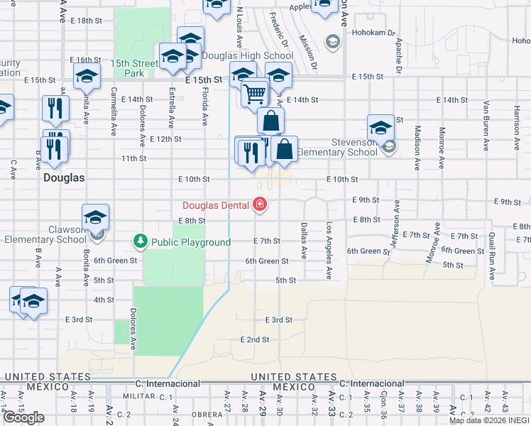 map of restaurants, bars, coffee shops, grocery stores, and more near 1810 East 8th Street in Douglas