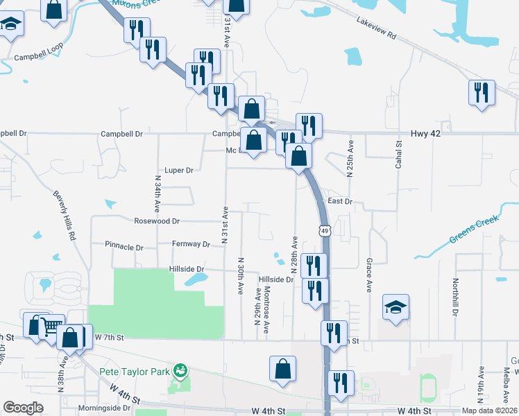map of restaurants, bars, coffee shops, grocery stores, and more near 2911 Glenn Drive in Hattiesburg