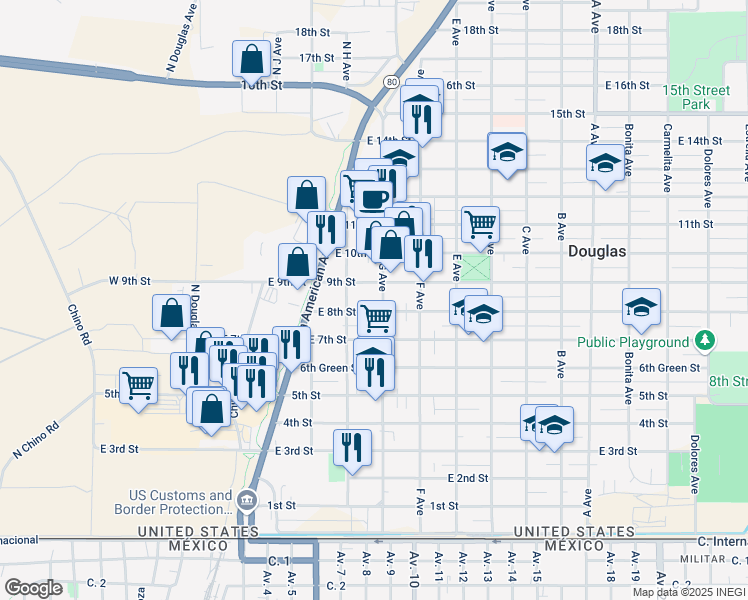 map of restaurants, bars, coffee shops, grocery stores, and more near 450 East 8th Street in Douglas