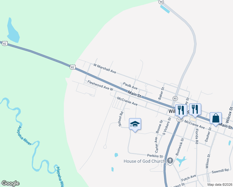 map of restaurants, bars, coffee shops, grocery stores, and more near Ruby Giddens St in Willacoochee