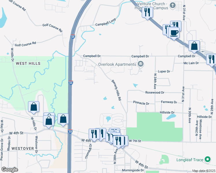 map of restaurants, bars, coffee shops, grocery stores, and more near 1016 Beverly Hills Road in Hattiesburg