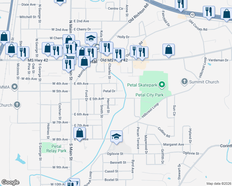 map of restaurants, bars, coffee shops, grocery stores, and more near 507 East 5th Avenue in Petal