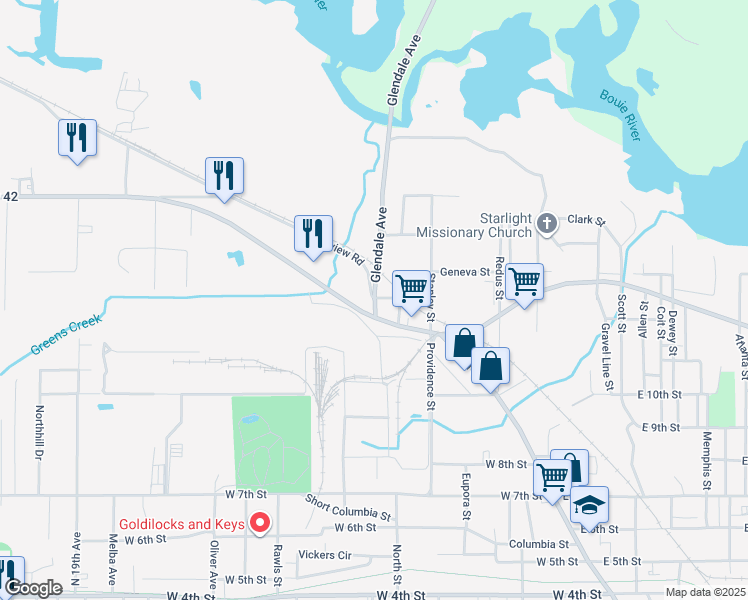 map of restaurants, bars, coffee shops, grocery stores, and more near 1801 Lakeview Road in Hattiesburg