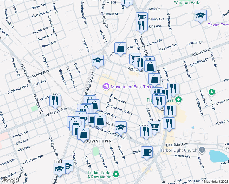 map of restaurants, bars, coffee shops, grocery stores, and more near 304 East Howe Avenue in Lufkin