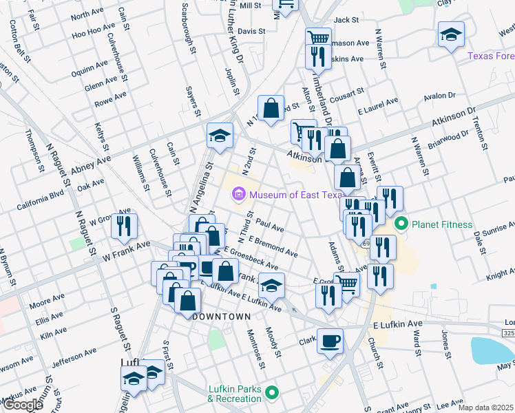 map of restaurants, bars, coffee shops, grocery stores, and more near 304 East Howe Avenue in Lufkin