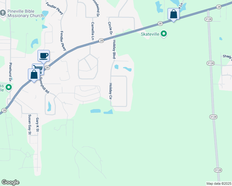 map of restaurants, bars, coffee shops, grocery stores, and more near 315 Holiday Cir in Pineville