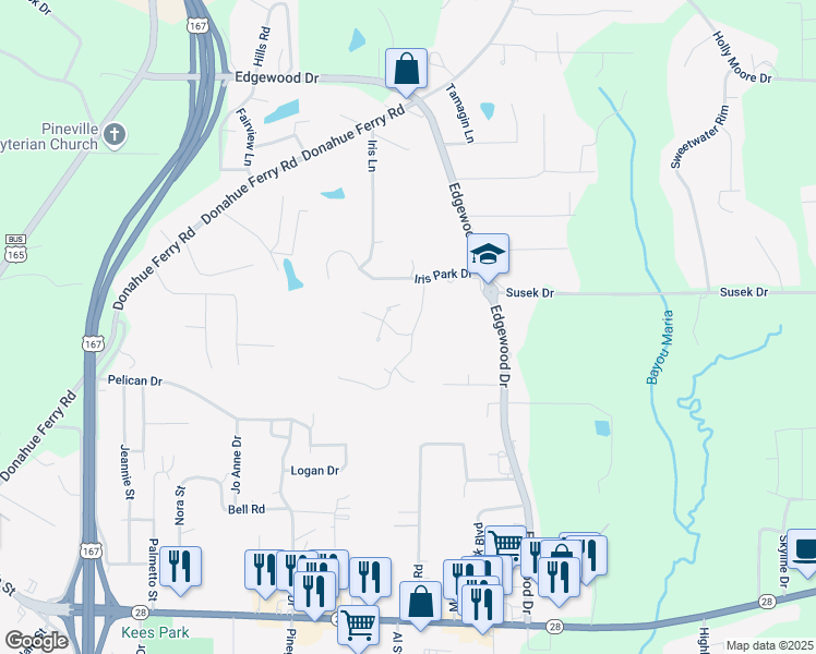 map of restaurants, bars, coffee shops, grocery stores, and more near 205 Pocahontus Court in Pineville