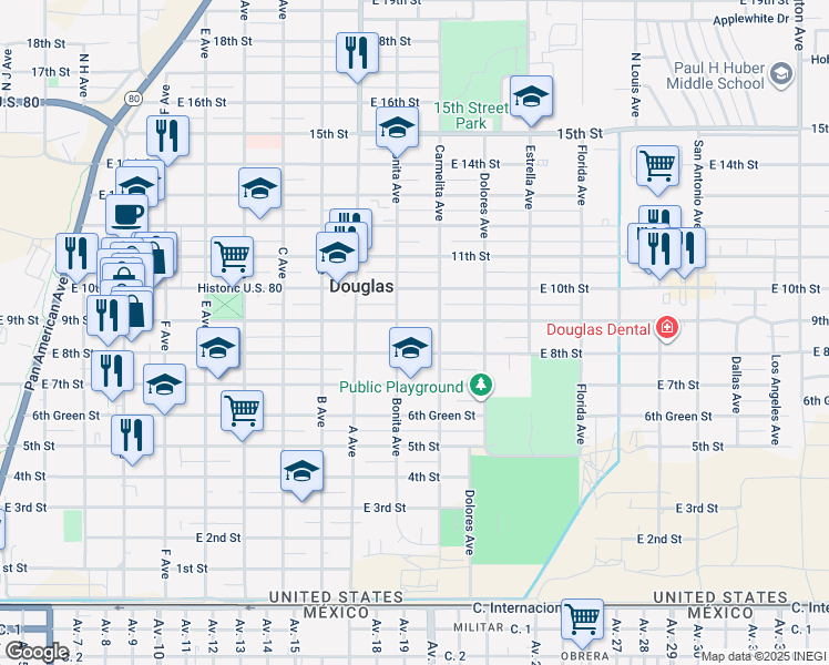 map of restaurants, bars, coffee shops, grocery stores, and more near 1216 East 8th Street in Douglas