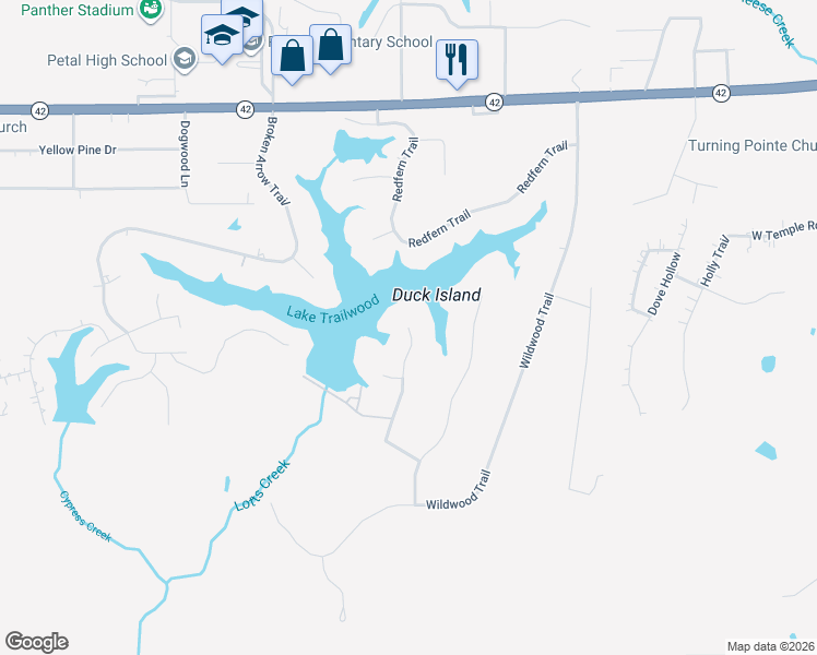 map of restaurants, bars, coffee shops, grocery stores, and more near 141 Red Maple Trail in Petal