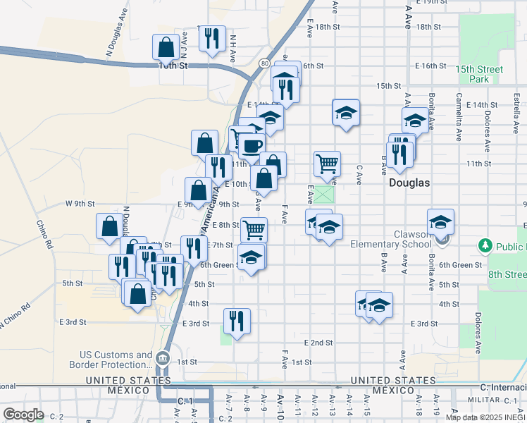 map of restaurants, bars, coffee shops, grocery stores, and more near 518 East 8th Street in Douglas