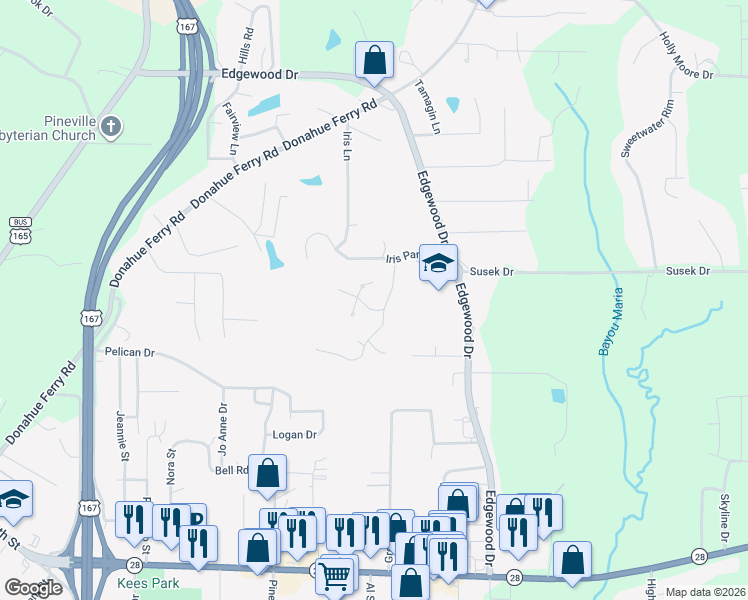 map of restaurants, bars, coffee shops, grocery stores, and more near 205 Pocahontus Court in Pineville