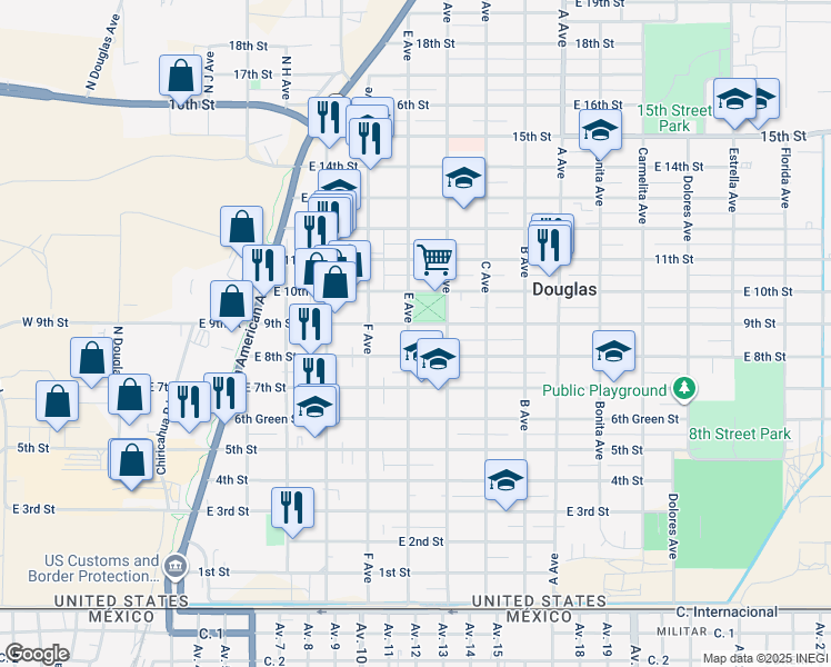 map of restaurants, bars, coffee shops, grocery stores, and more near 716 East 8th Street in Douglas