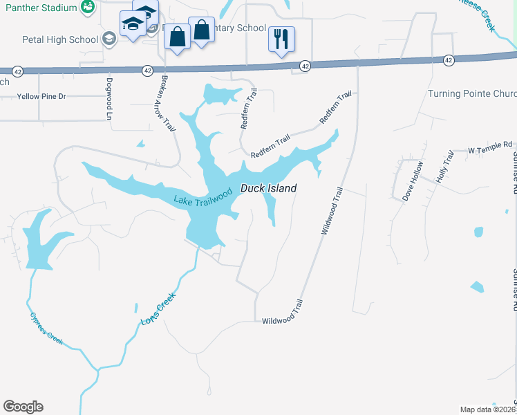 map of restaurants, bars, coffee shops, grocery stores, and more near 141-199 Red Maple Trail in Petal