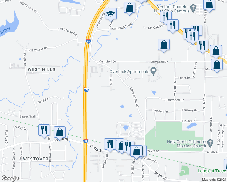 map of restaurants, bars, coffee shops, grocery stores, and more near 1016 Beverly Hills Road in Hattiesburg