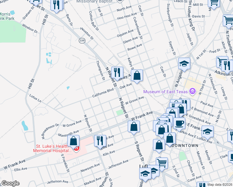 map of restaurants, bars, coffee shops, grocery stores, and more near 510 North Raguet Street in Lufkin