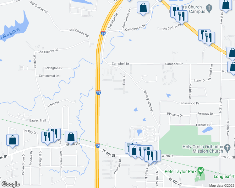 map of restaurants, bars, coffee shops, grocery stores, and more near 121 Ellis Drive in Hattiesburg