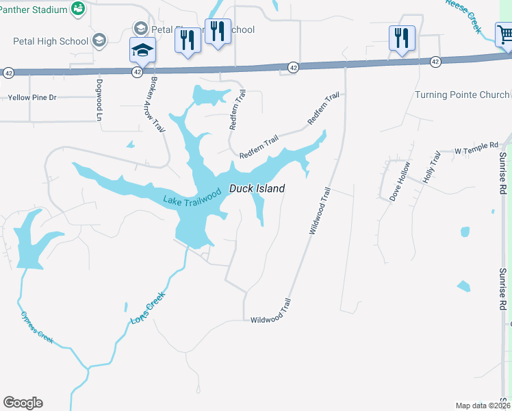 map of restaurants, bars, coffee shops, grocery stores, and more near 141 Cherry Oak Trail in Petal