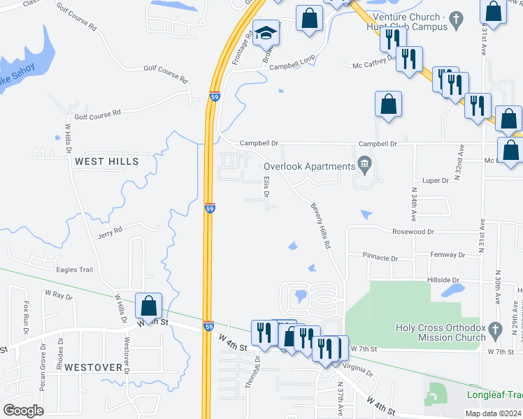 map of restaurants, bars, coffee shops, grocery stores, and more near 121 Ellis Drive in Hattiesburg