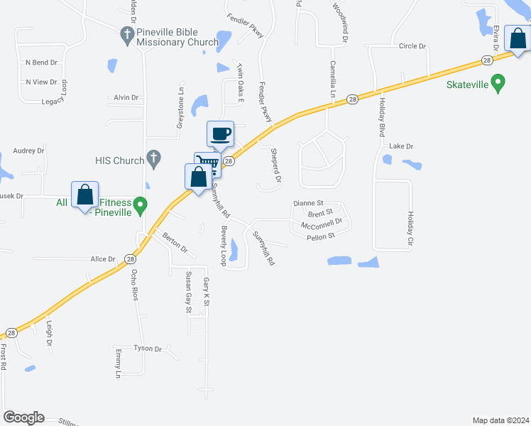 map of restaurants, bars, coffee shops, grocery stores, and more near 1011 North Sunnyhill Drive in Pineville