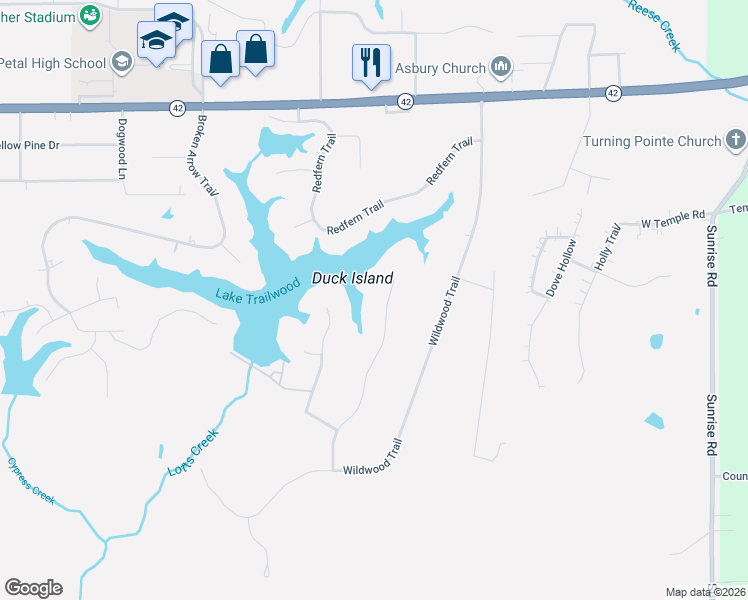map of restaurants, bars, coffee shops, grocery stores, and more near 165 Cherry Oak Trail in Petal