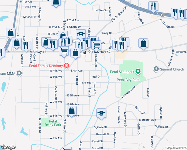 map of restaurants, bars, coffee shops, grocery stores, and more near 206 Charles Street in Petal