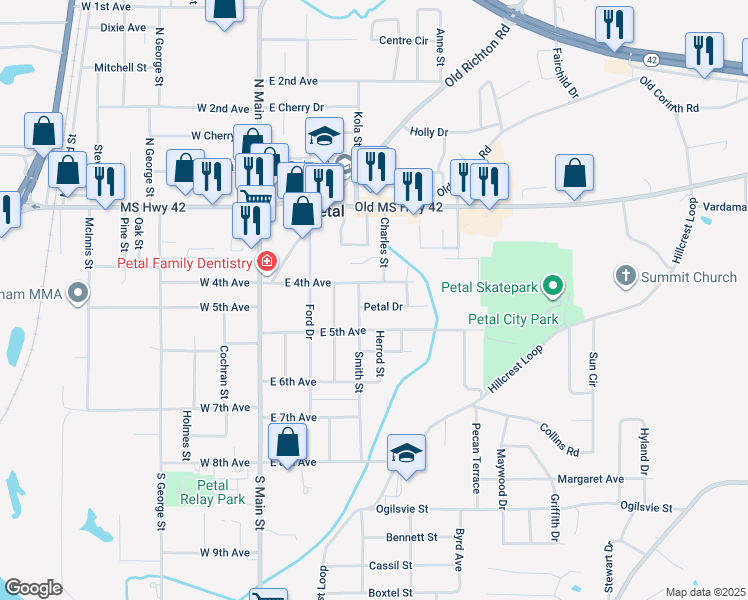 map of restaurants, bars, coffee shops, grocery stores, and more near 300 Petal Drive in Petal