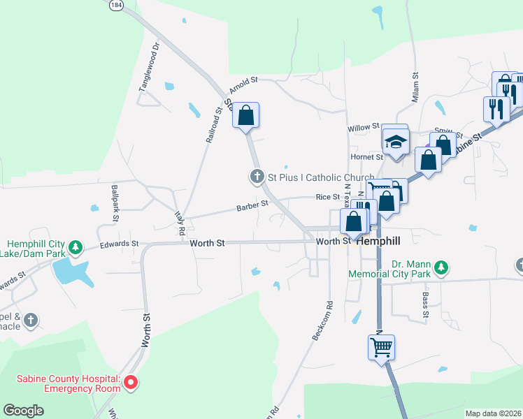 map of restaurants, bars, coffee shops, grocery stores, and more near 201 Barber Street in Hemphill