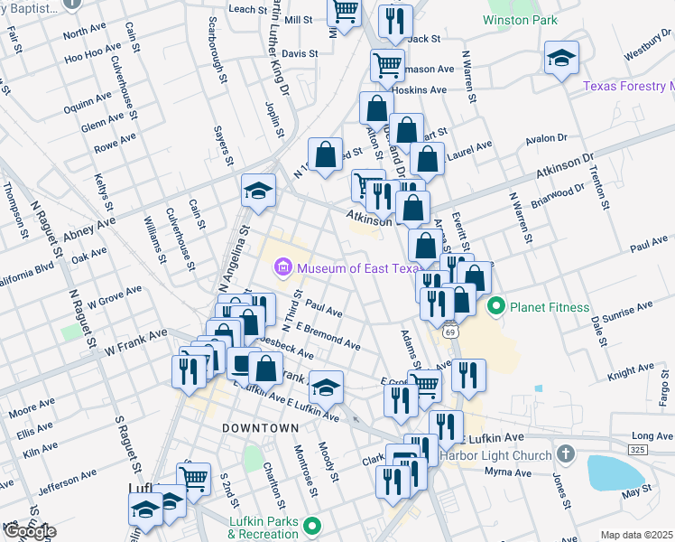 map of restaurants, bars, coffee shops, grocery stores, and more near 305 East Rhodes Avenue in Lufkin