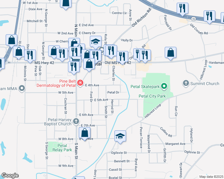 map of restaurants, bars, coffee shops, grocery stores, and more near 206 Charles Street in Petal