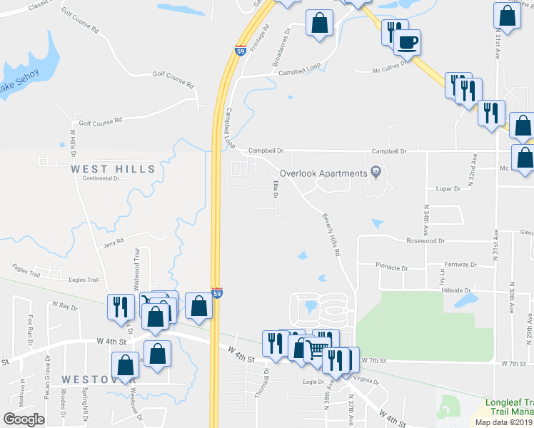 map of restaurants, bars, coffee shops, grocery stores, and more near 105 Plantation Boulevard in Hattiesburg