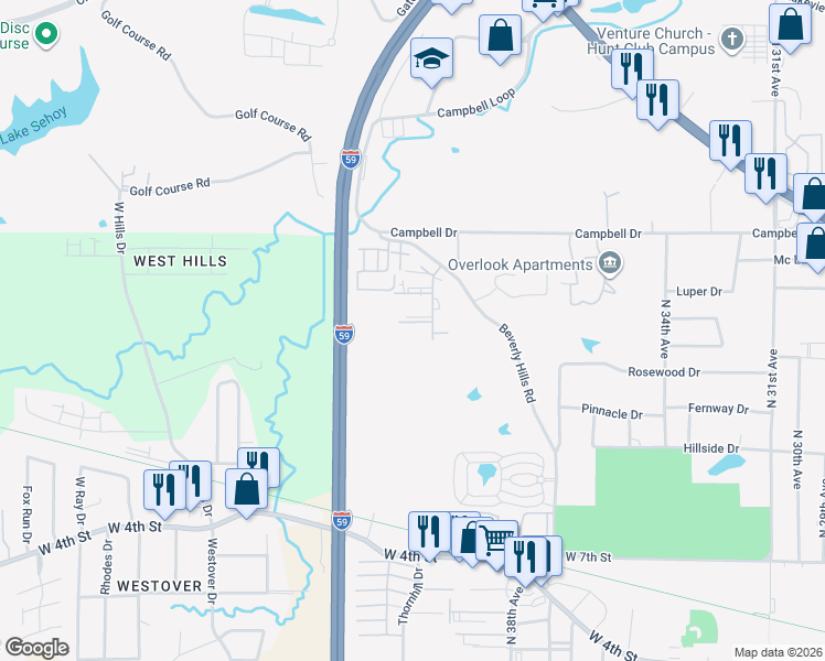 map of restaurants, bars, coffee shops, grocery stores, and more near 108 Plantation Boulevard in Hattiesburg