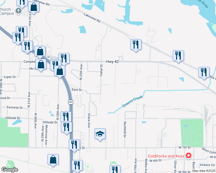 map of restaurants, bars, coffee shops, grocery stores, and more near 311 Music Drive in Hattiesburg