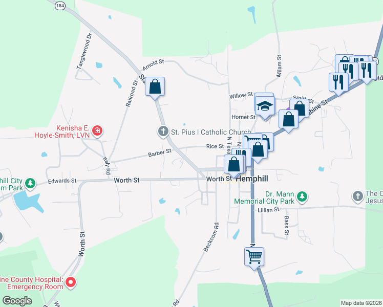 map of restaurants, bars, coffee shops, grocery stores, and more near Rice Street in Hemphill