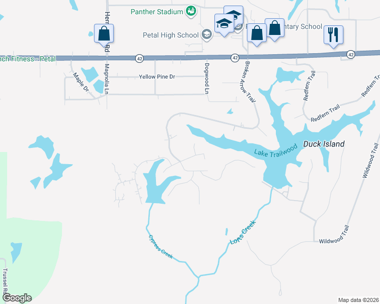 map of restaurants, bars, coffee shops, grocery stores, and more near Crooked Pine Point in Petal