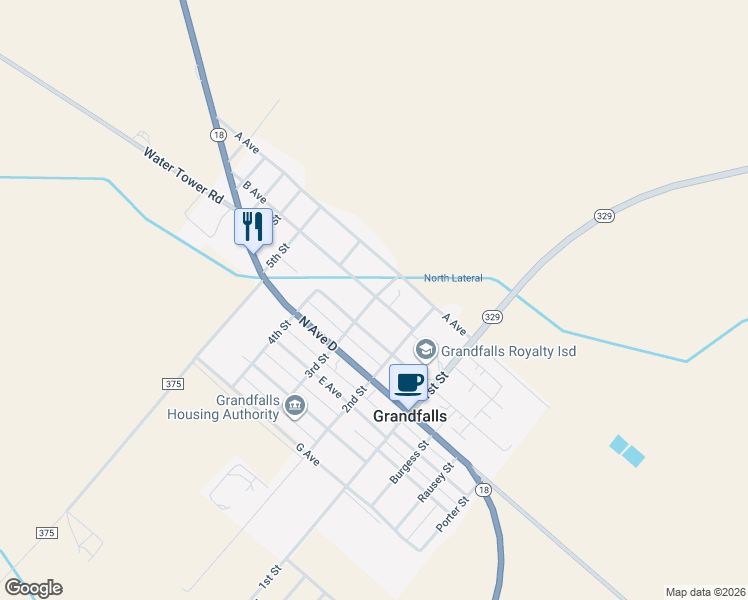 map of restaurants, bars, coffee shops, grocery stores, and more near 301-315 B Avenue in Grandfalls