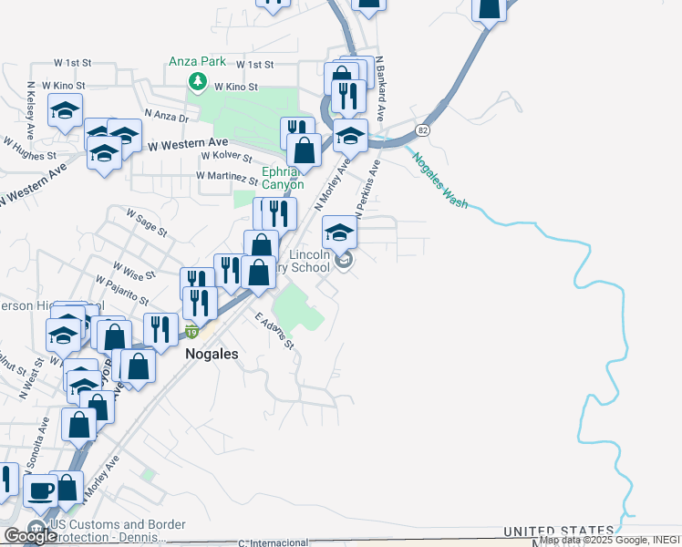 map of restaurants, bars, coffee shops, grocery stores, and more near 652 North Tyler Street in Nogales