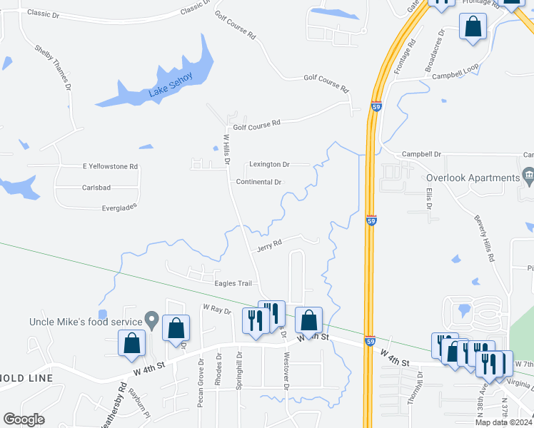 map of restaurants, bars, coffee shops, grocery stores, and more near 240 West Hills Drive in Hattiesburg