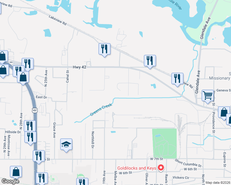 map of restaurants, bars, coffee shops, grocery stores, and more near 211 Gamble Street in Hattiesburg