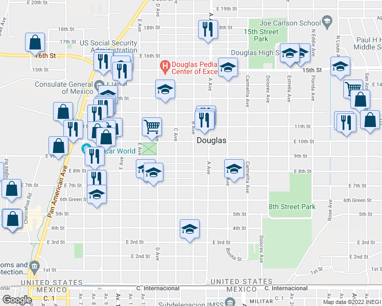 map of restaurants, bars, coffee shops, grocery stores, and more near 954 East 9th Street in Douglas
