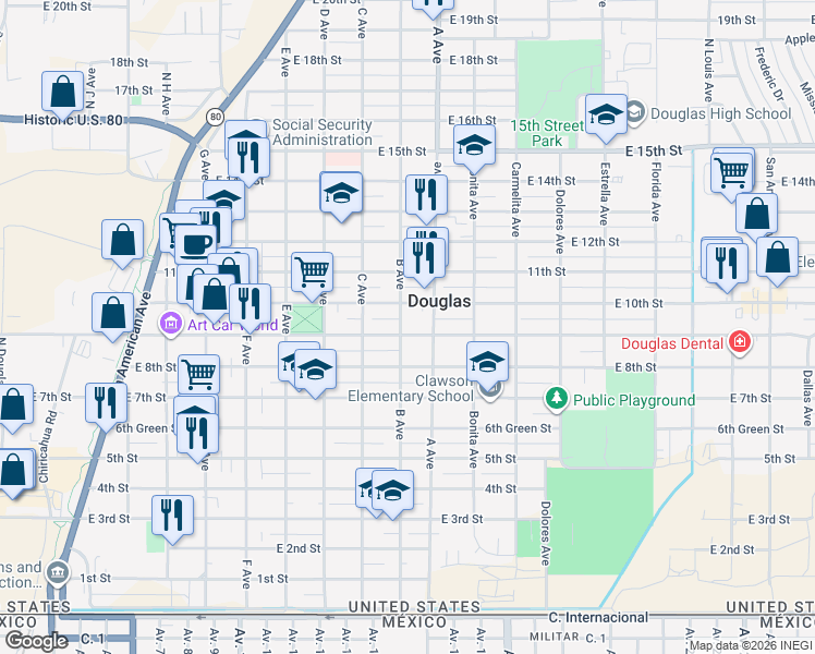 map of restaurants, bars, coffee shops, grocery stores, and more near 1006 East 9th Street in Douglas