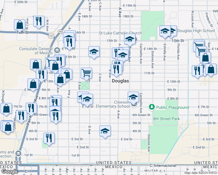 map of restaurants, bars, coffee shops, grocery stores, and more near 948 East 9th Street in Douglas