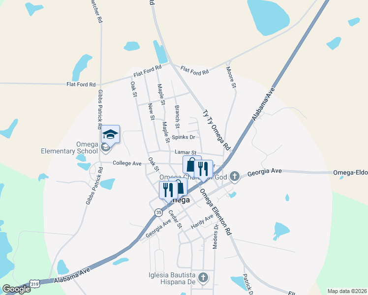 map of restaurants, bars, coffee shops, grocery stores, and more near 113 Spinks Drive in Omega