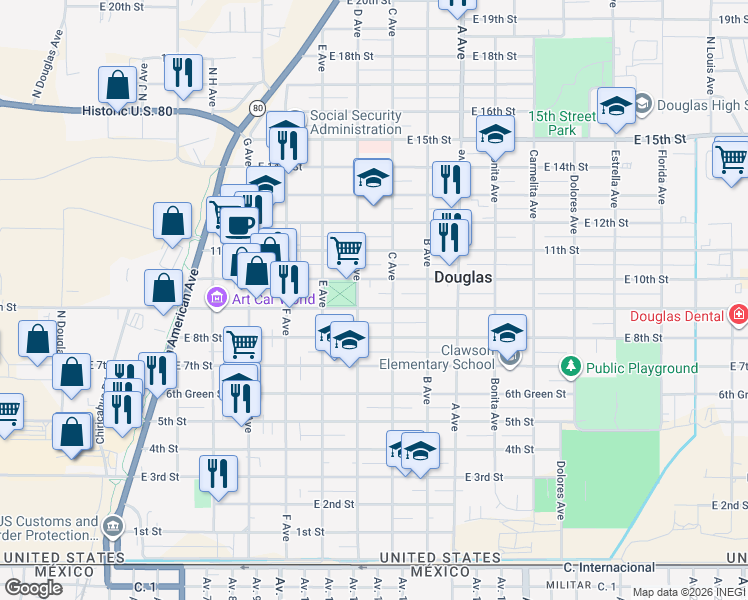 map of restaurants, bars, coffee shops, grocery stores, and more near 925 D Avenue in Douglas