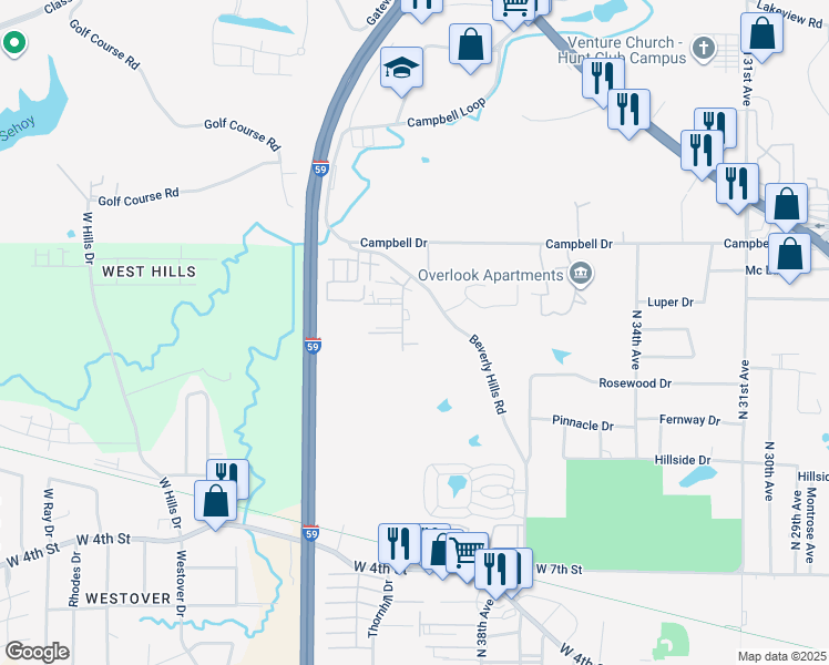map of restaurants, bars, coffee shops, grocery stores, and more near 1124 Beverly Hills Road in Hattiesburg